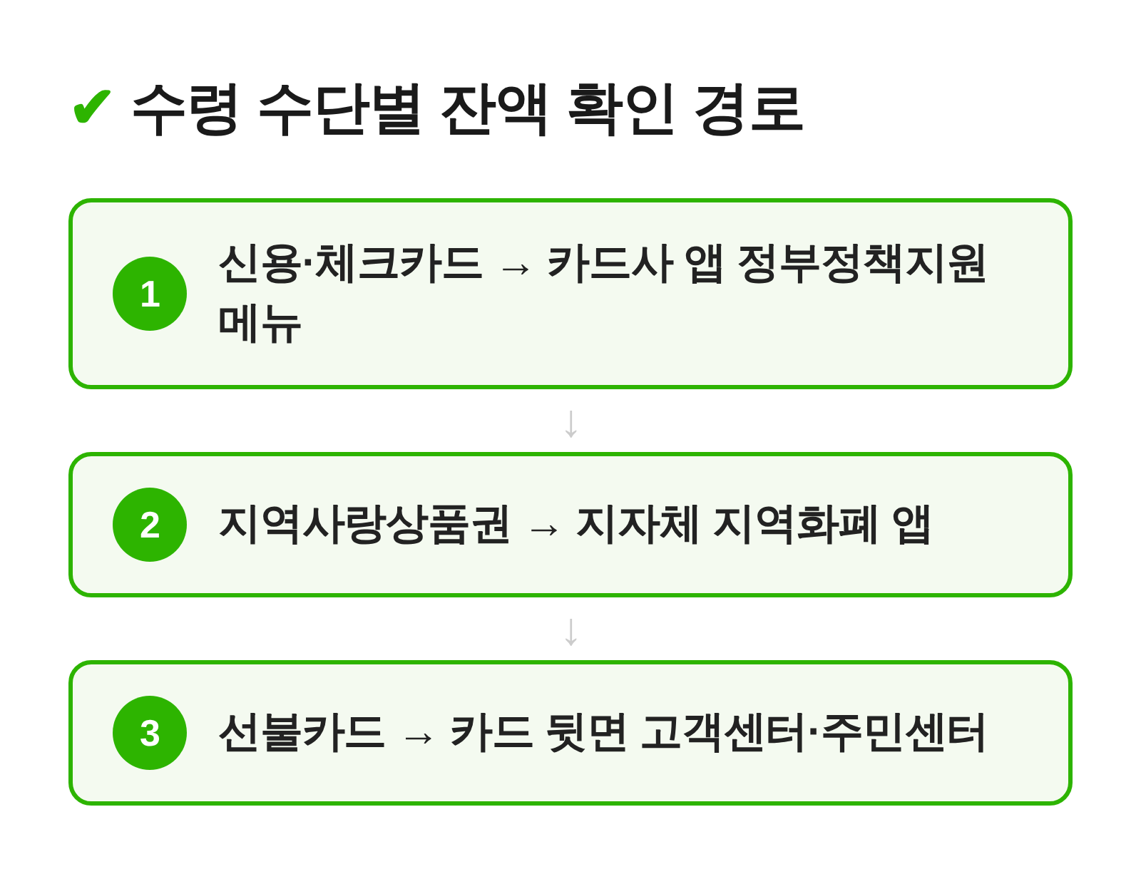 수령 수단별 잔액 확인 경로 안내 다이어그램