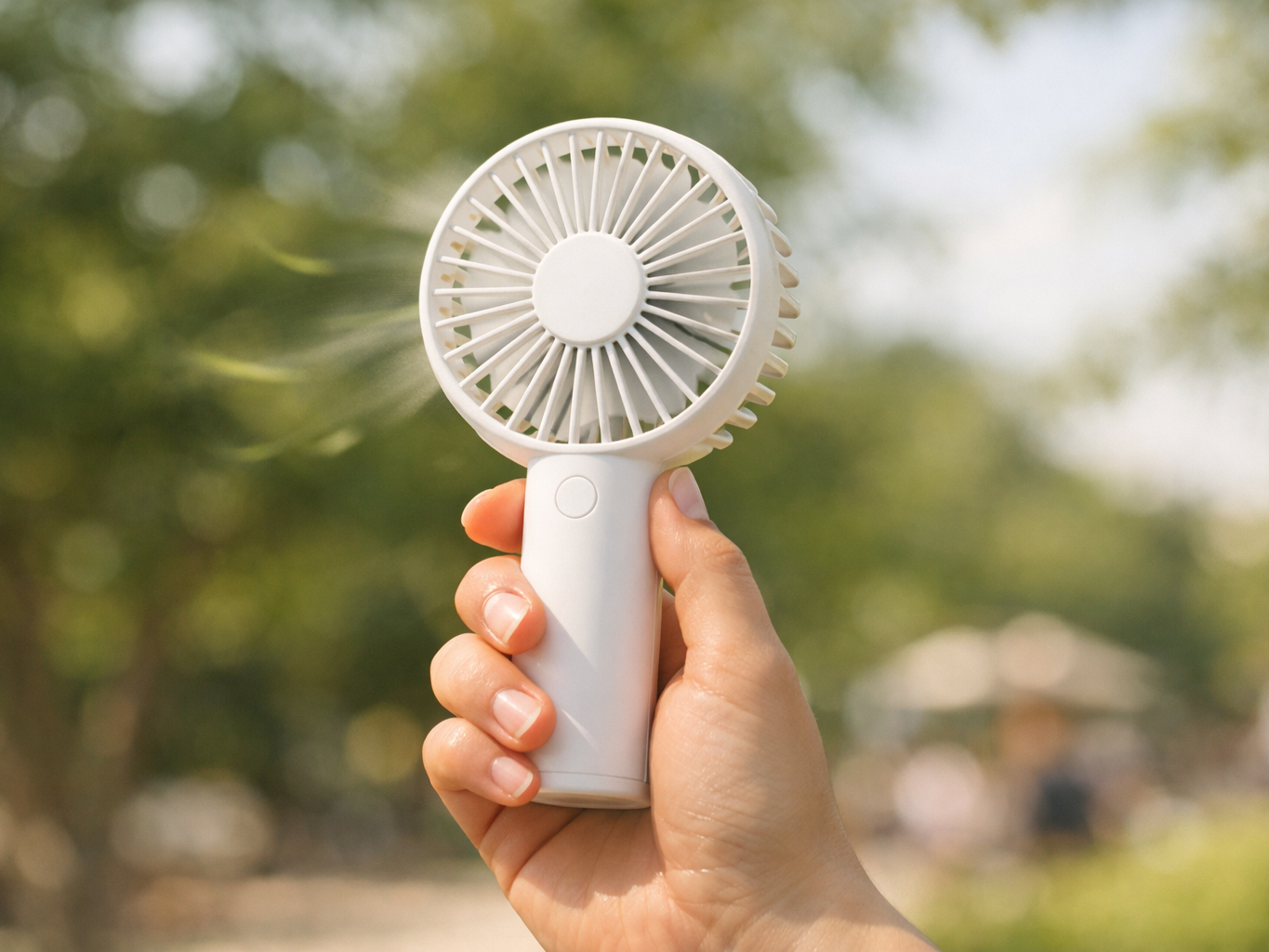 손에 쥔 휴대용 선풍기로 시원한 바람을 쐬는 여름철 야외 모습